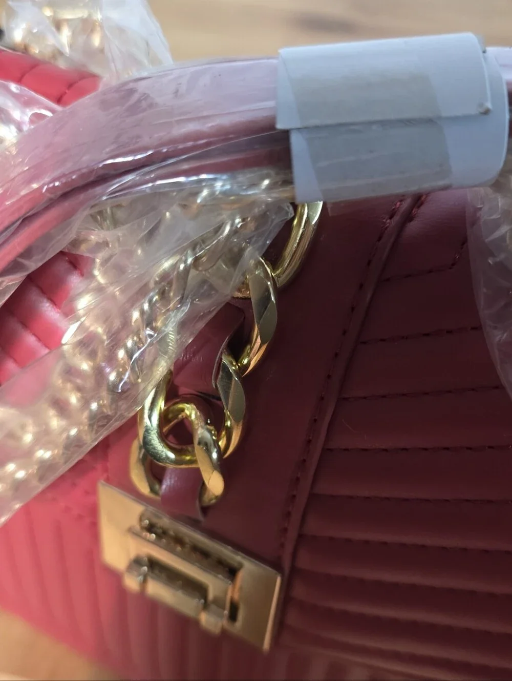 Badgley Mischka Bag Red Quilted Chain-Accent Shoulder Bag Vegan Leather NWT